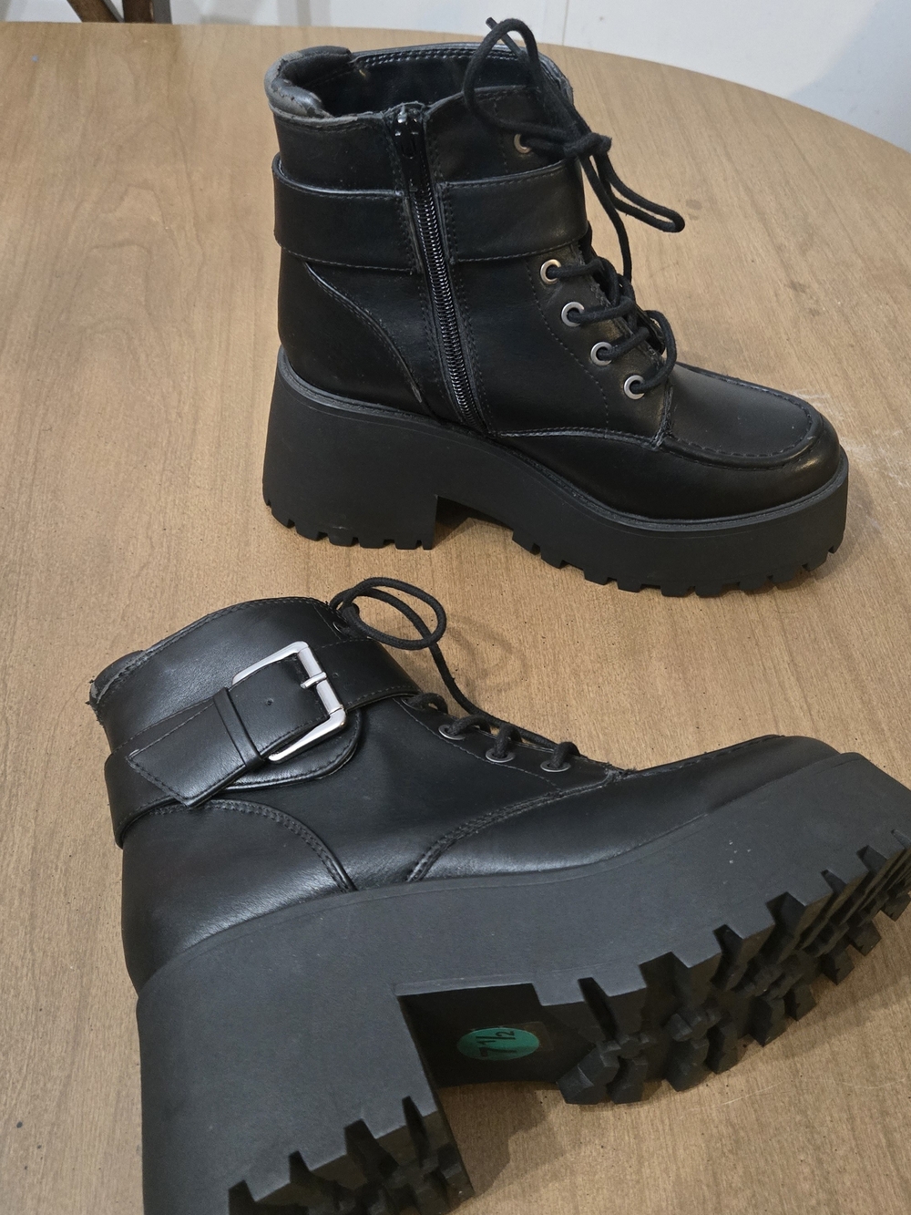 Soda Black Chunky Lug Lace-Up Ankle Boots with Buckle - Picture 10 of 16